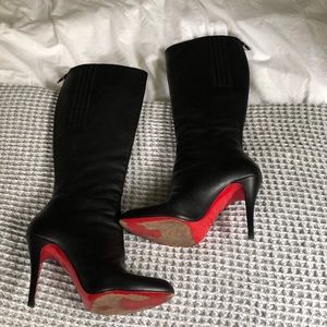 Christian Louboutin Feticha Botta 120 Black Leather Knee High Boots, 37 1/2